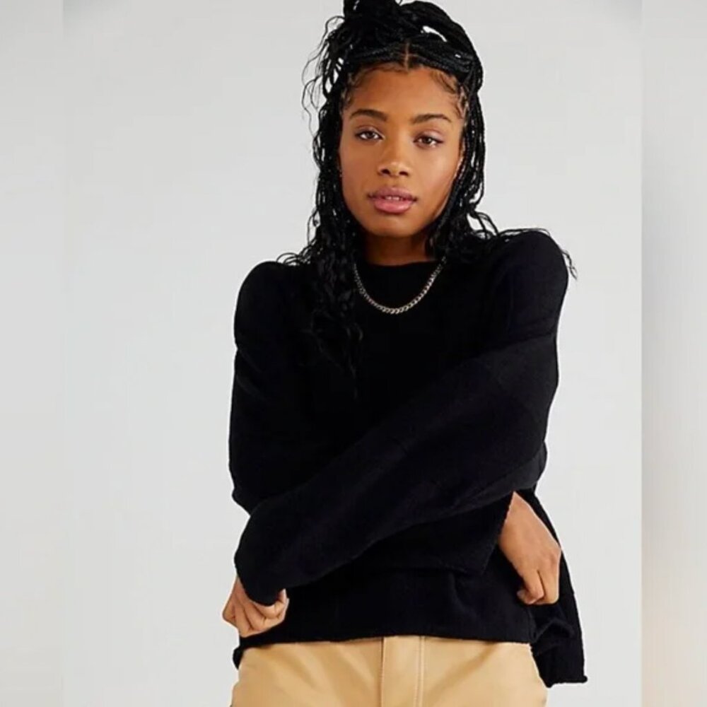 Free‎ People Beach Small S Black Stretch Rib Knit Cotton Blend Mock Neck Sweater